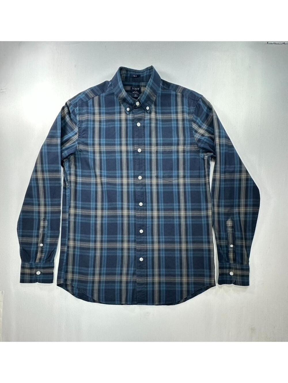 J Crew Flex Washed Slim Plaid Oxford Button-Up Blue Mens M